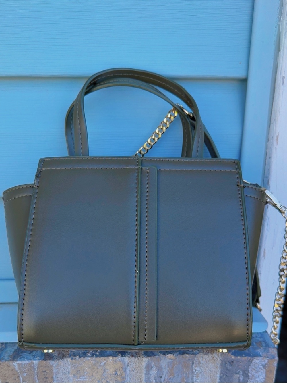 Olive Green Structured Satchel Crossbody Bag Gold Chain Strap